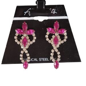Earrings Rhinestone Dangle Drop Pink Costume Pierced Jewelry Wedding Prom Glam